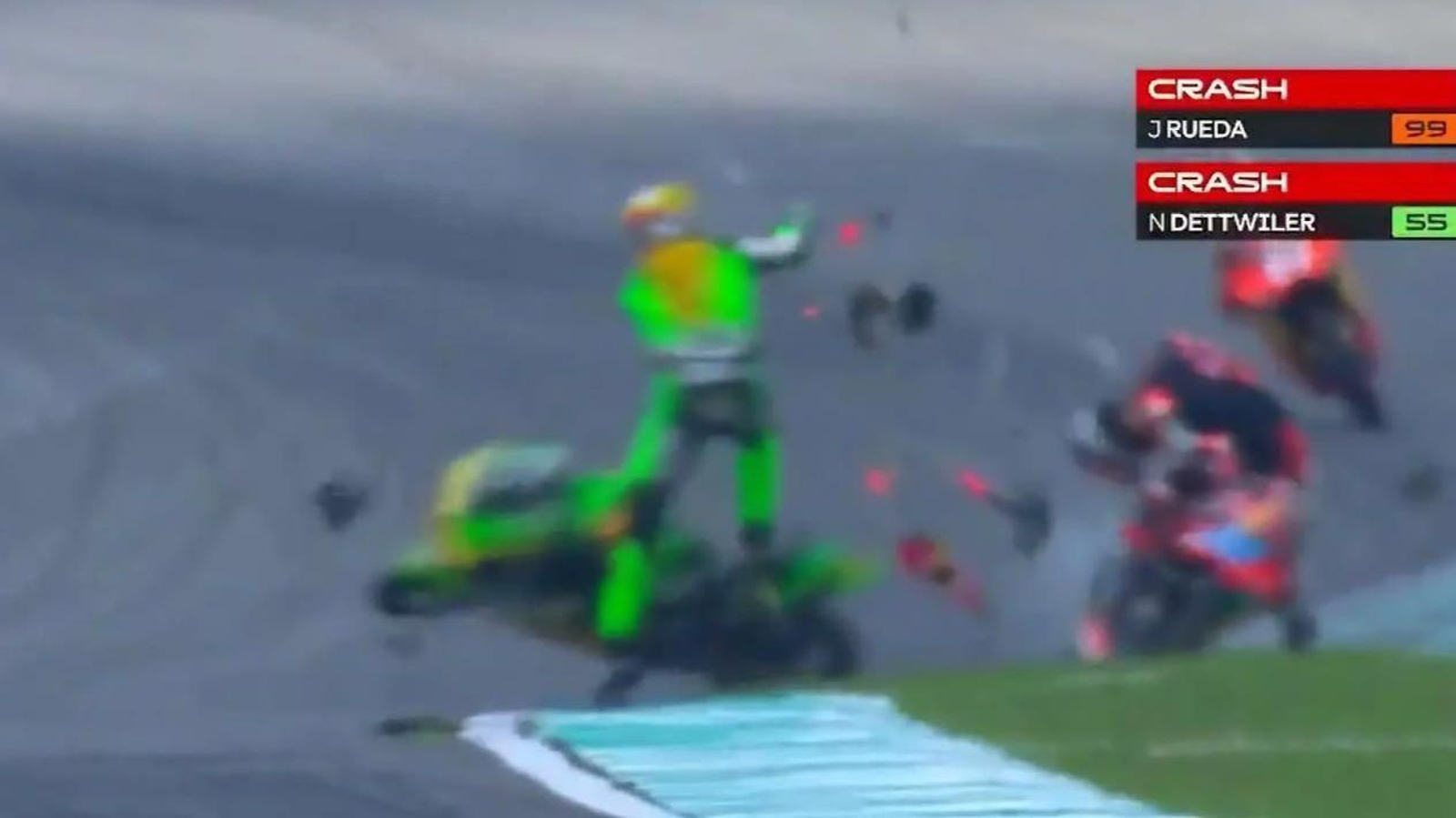 Momento del accidente entre Rueda y Dettwiler en el trazado de Sepang en la vuelta de formación de Moto3. Momento del accidente entre Rueda y Dettwiler en el trazado de Sepang en la vuelta de formación de Moto3.