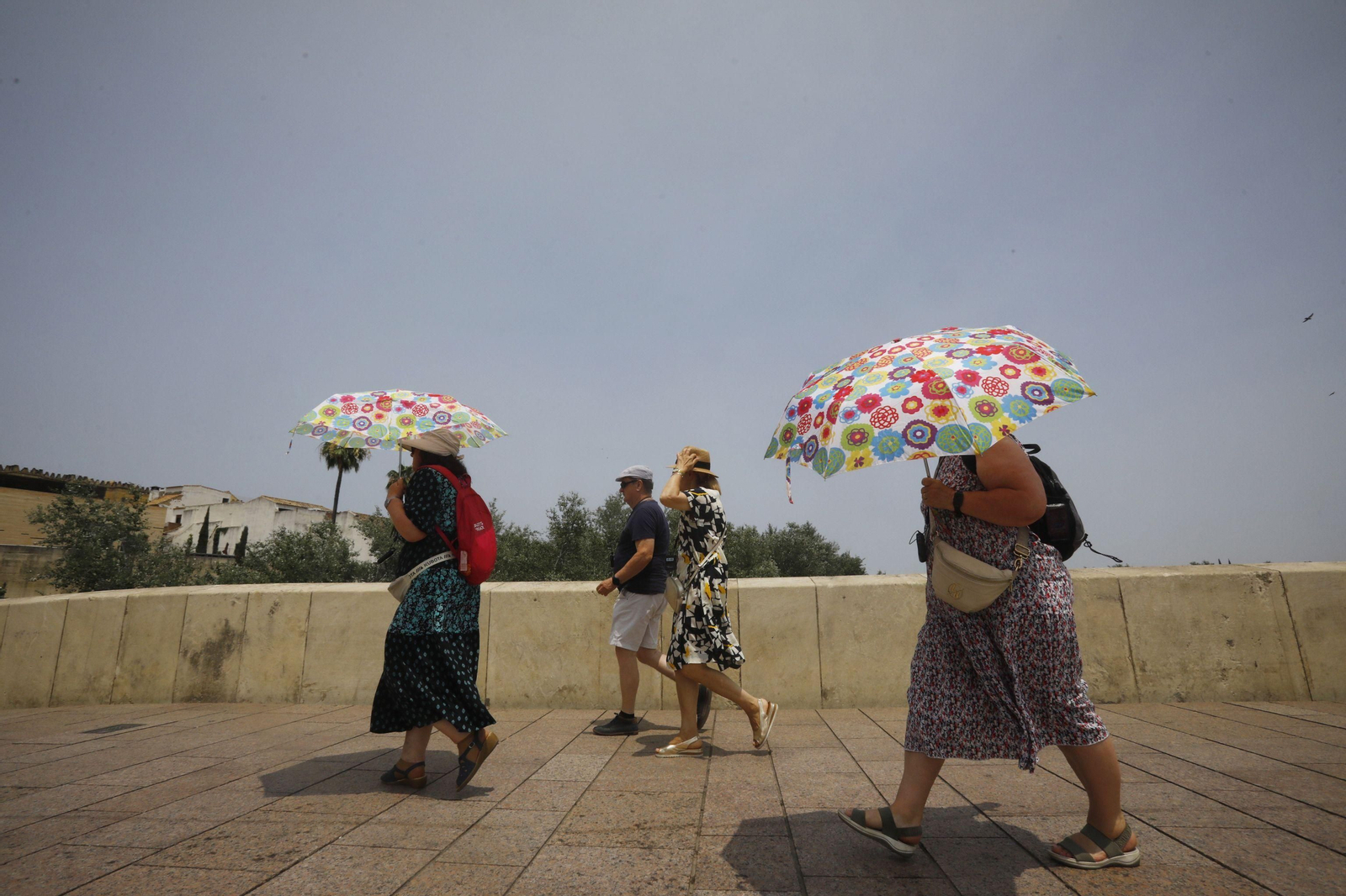 Varias personas tratan de protegerse del calor.