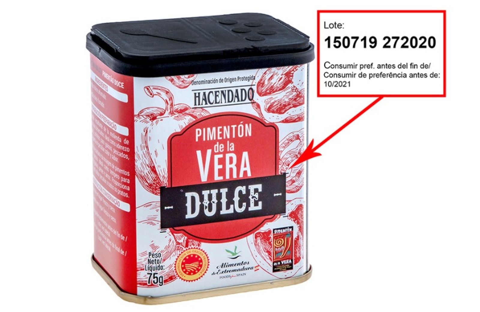 Imagen del lote de pimentón dulce afectado por la alerta sanitaria