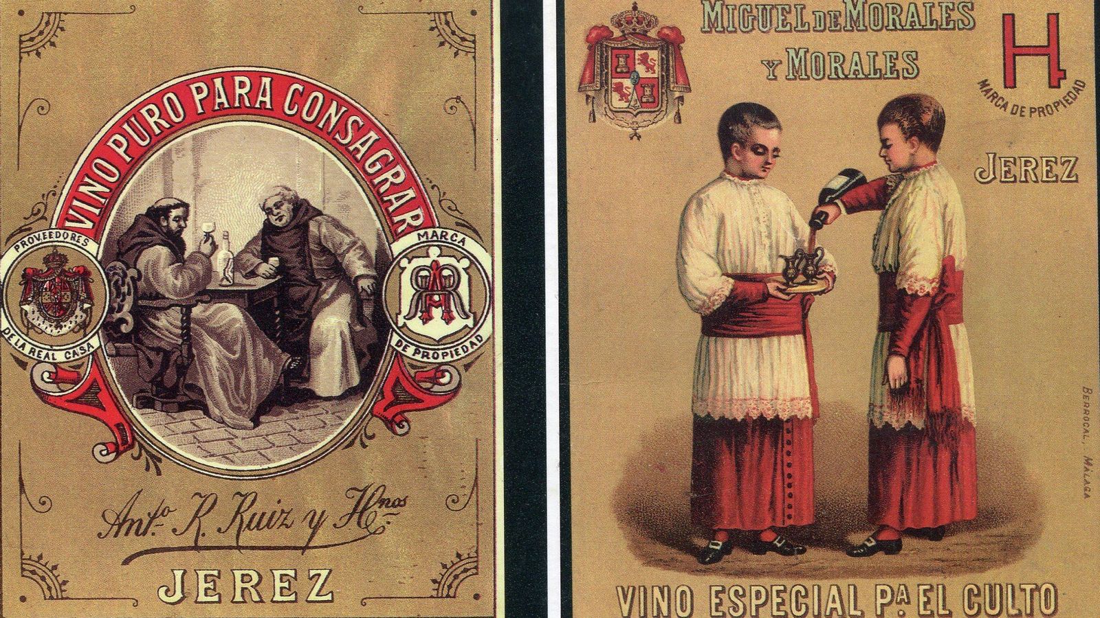 Etiquetas de vinos de Jerez para consagrar con imágenes alusivas a monjes y monaguillos.