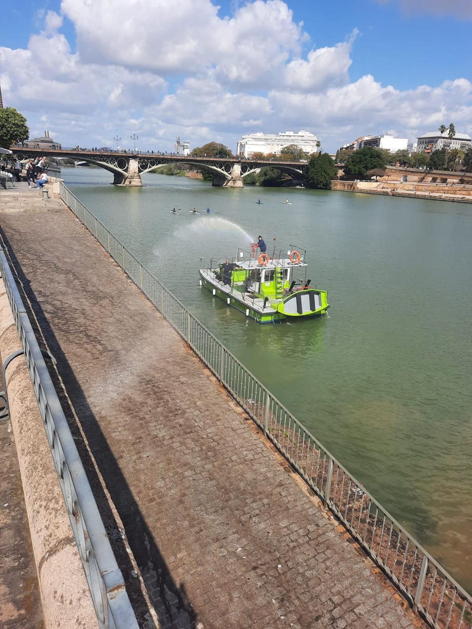 El catamarán prestando servicio en la dársena del Guadalquivir.