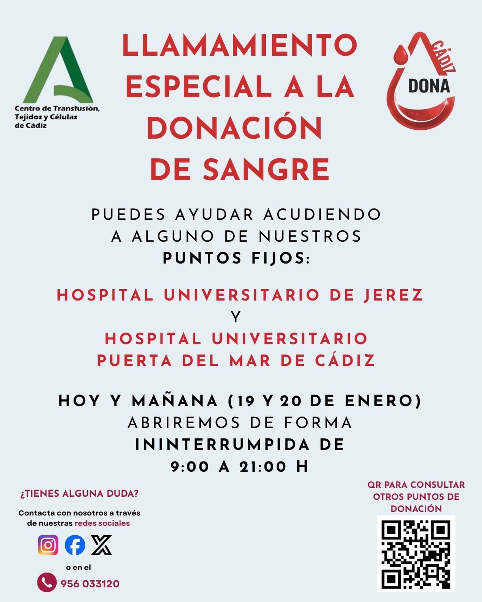Cartel del llamamiento en el que puede consultarse el QR con los puntos móviles de donación.