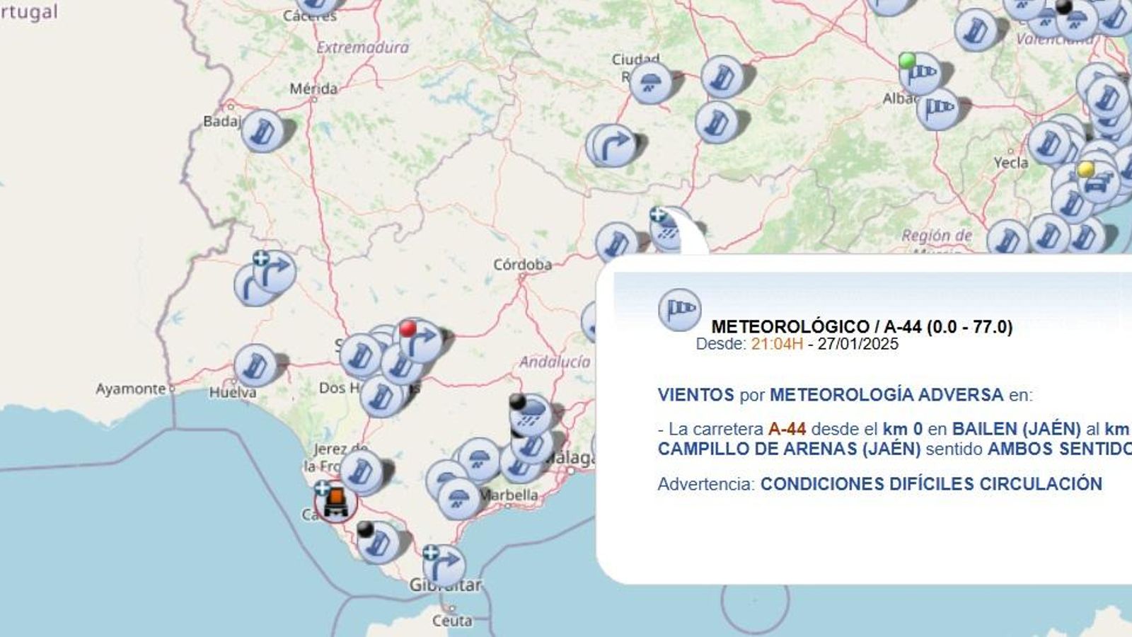 La DGT recoge numerosas incidencias en Jaén por el temporal.