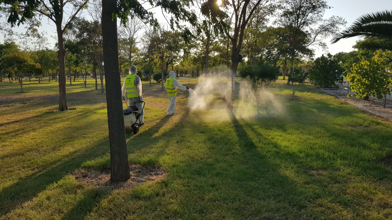 Labores dde fumigación en el parque de Las Marismas.