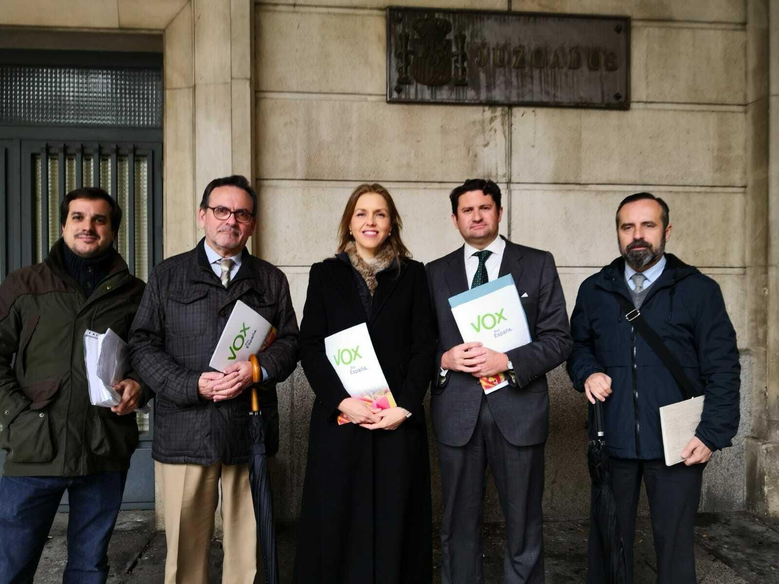 La portavoz municipal de Vox, Cristina Peláez, en, junto a otros representantes del partido en los juzgados de Sevilla.