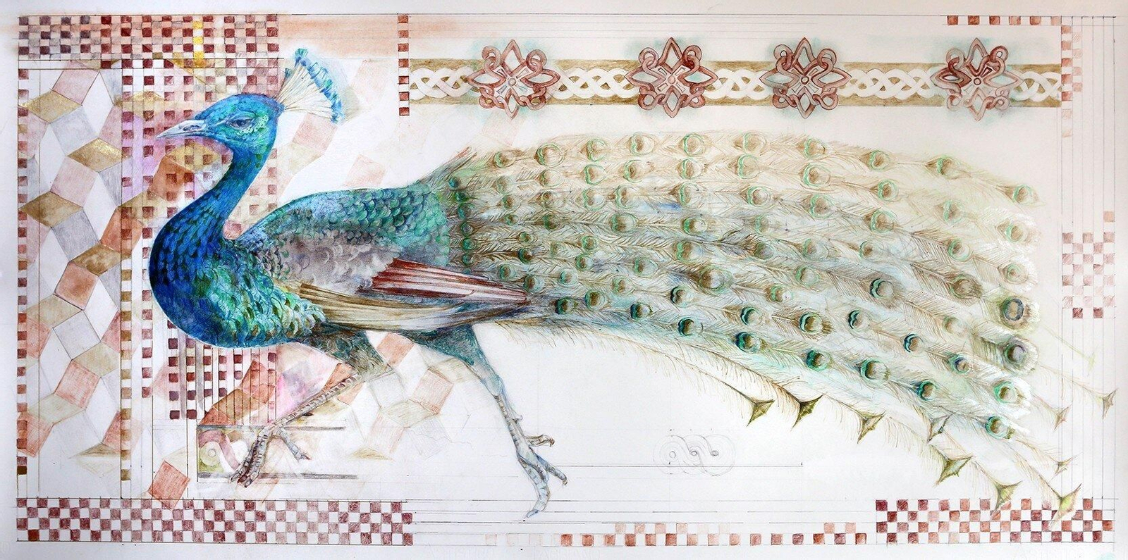 Asunción Jódar Minarro (2025) 'A partir de los pavos reales del mosaico de una basícia en Veria'. Grafito, lápices de color y acuarela sobre papel, 55 x 110 cm.