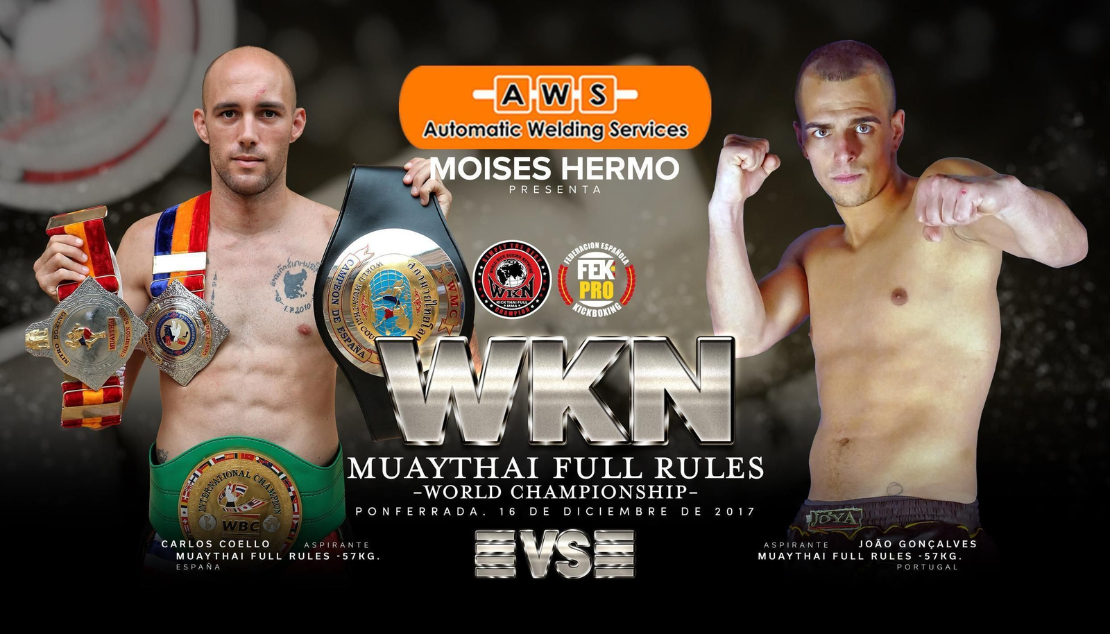 Cartel anunciador de la pelea entre Coello (i) y Gonçalves por el Campeonato del Mundo WKN de muay thai.