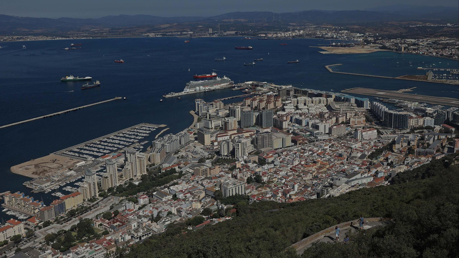 Gibraltar y su puerto, con la bahía de Algeciras al fondo, desde la cumbre del Peñón.