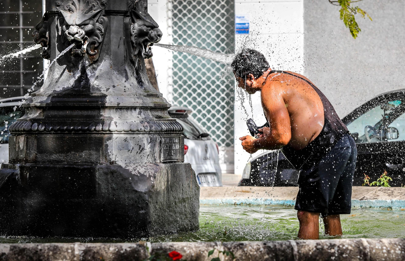 Un hombre se refresca en una fuente de Jerez para dar esquinazo al calor.