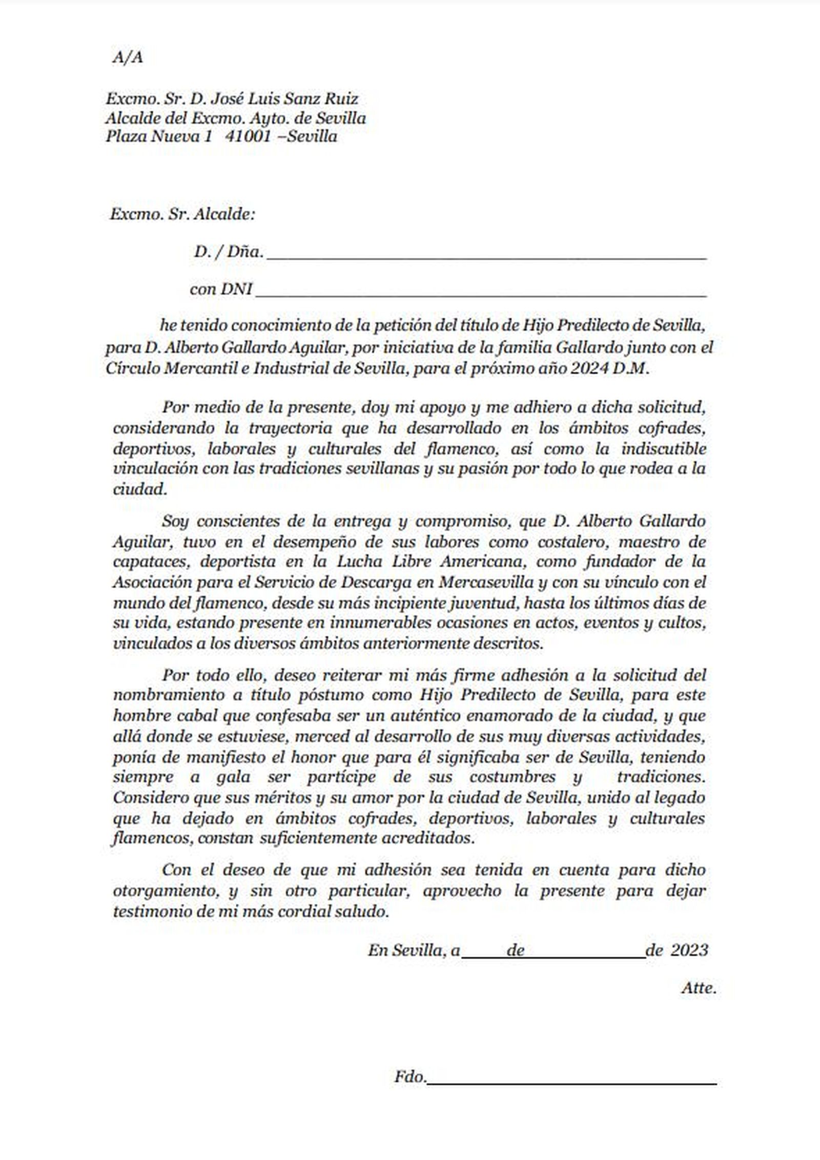 El formulario de adhesión a esta petición