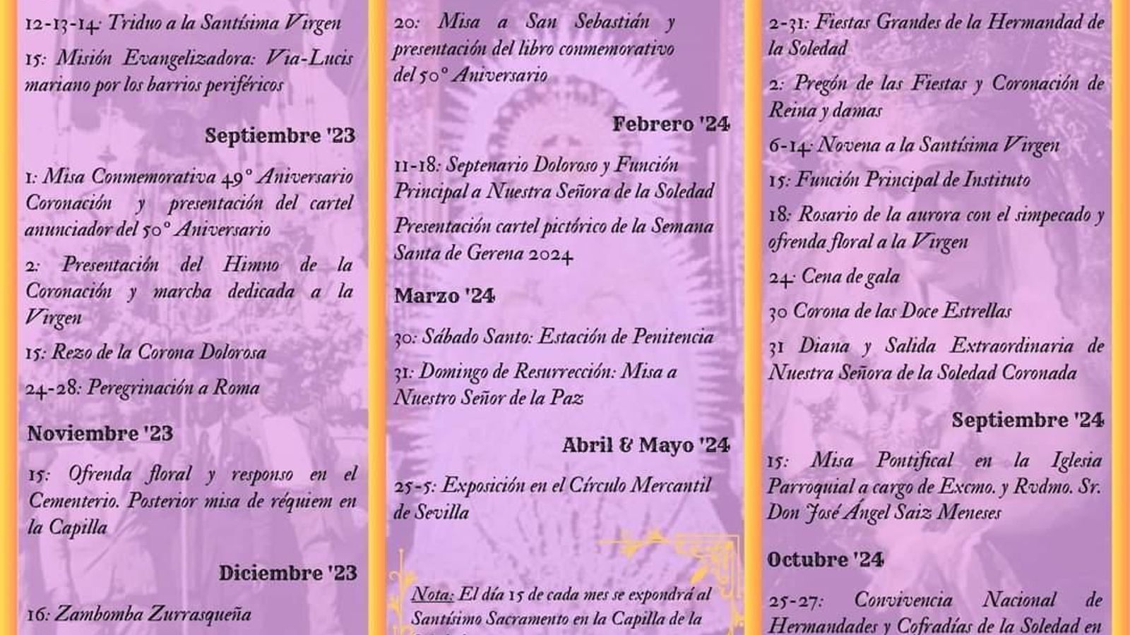 Tríptico con los actos y cultos extraordinarios de la Soledad de Gerena por el 50 aniversario de su coronación.