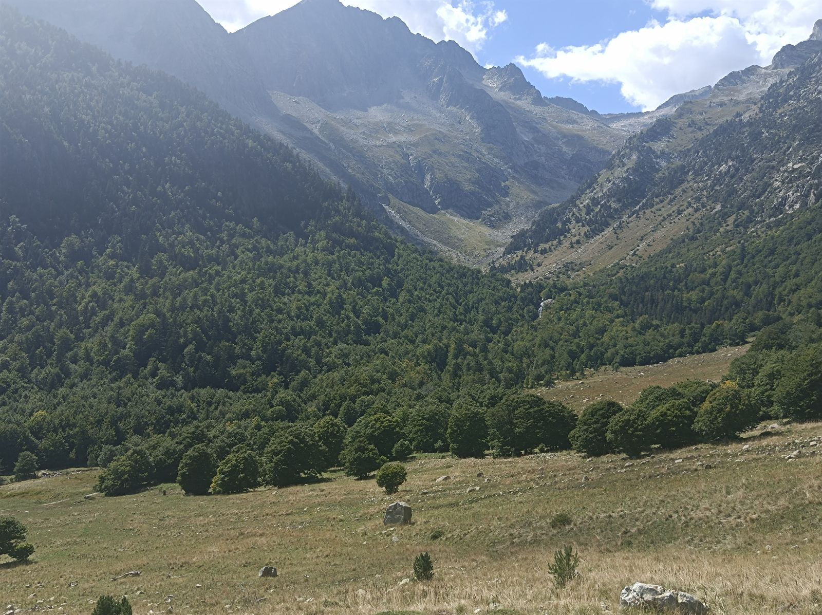 Valle de Molières, con la cascada entre los árboles del bosque.
