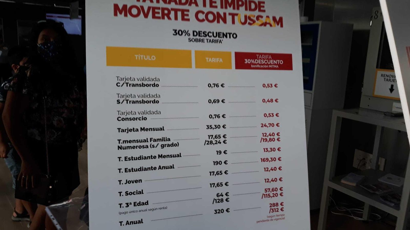 Detalle de cómo quedan las tarifas de Tussam con el descuento por el decreto estatal de ahorro energético.