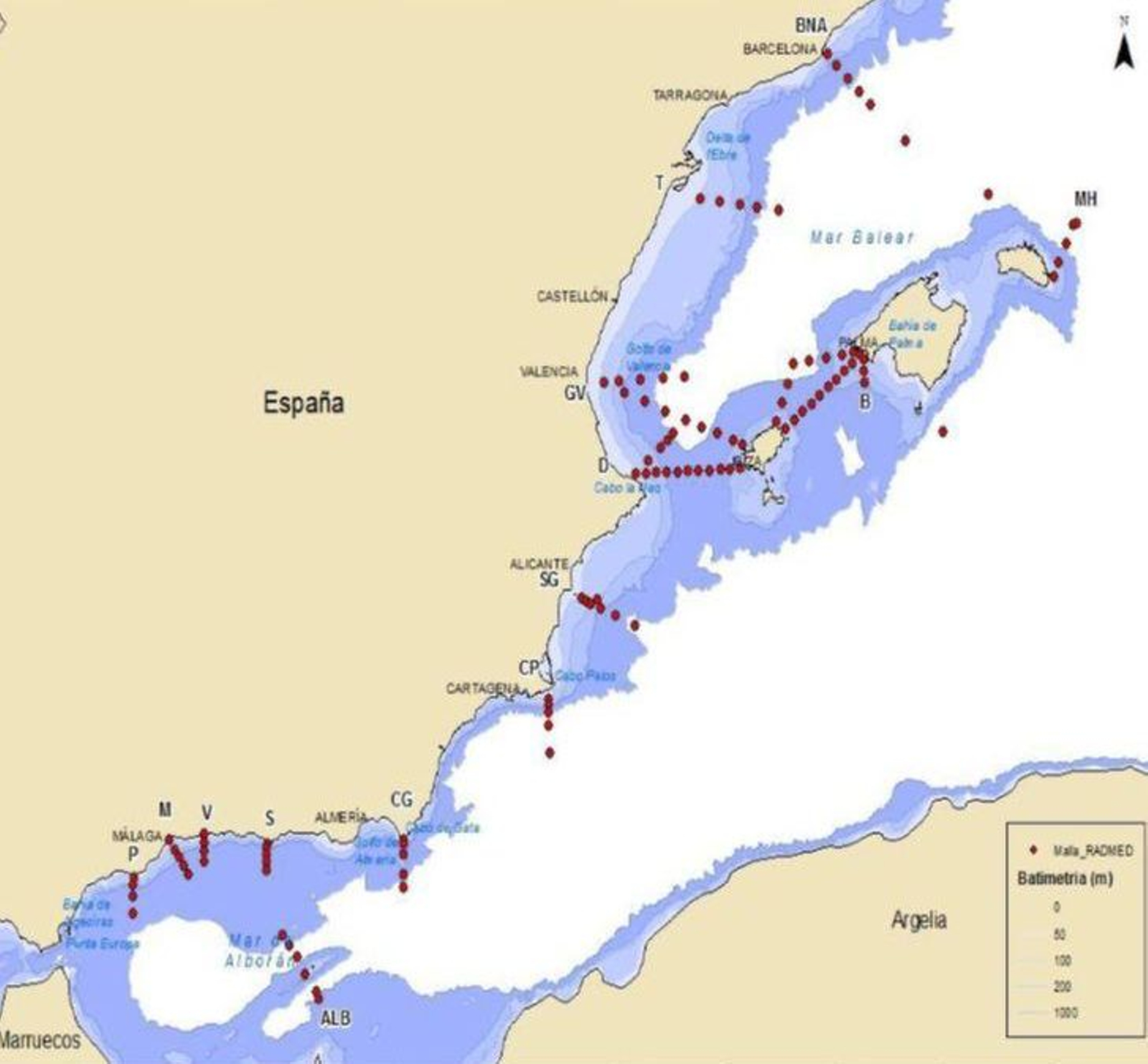 Mapa de estaciones de muestreo del programa RADMED