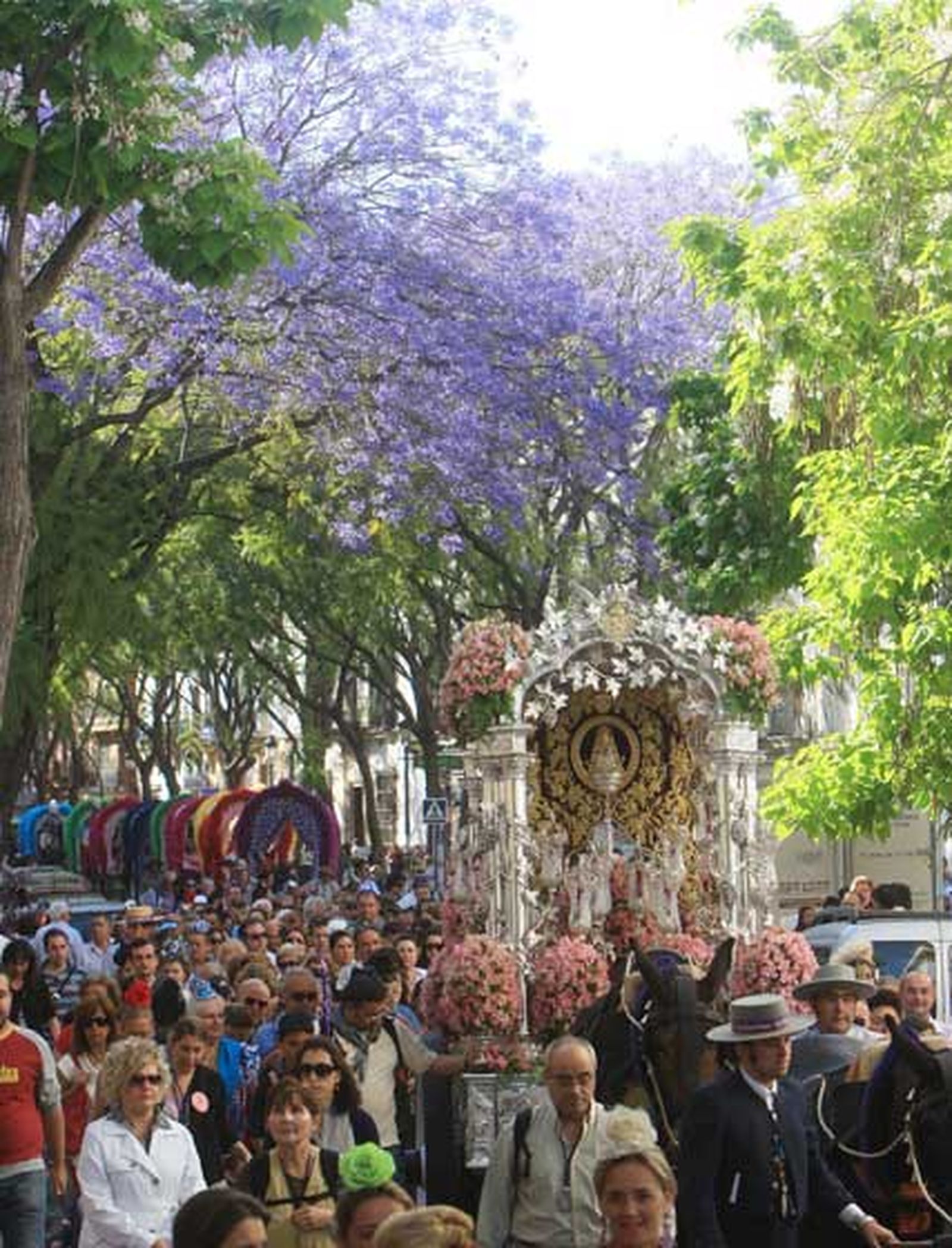 La hermandad rociera, tras asistir a la misa de romeros en Santo Domingo, coloca el Simpecado de Jerez en la carreta e inicia el camino hacia la aldea de El Rocío

Foto: Juan Carlos Toro