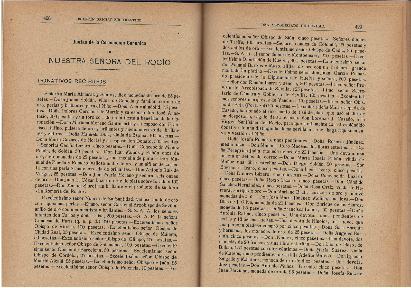 listas de donativos para corona de la Virgen del Rocío de 1919