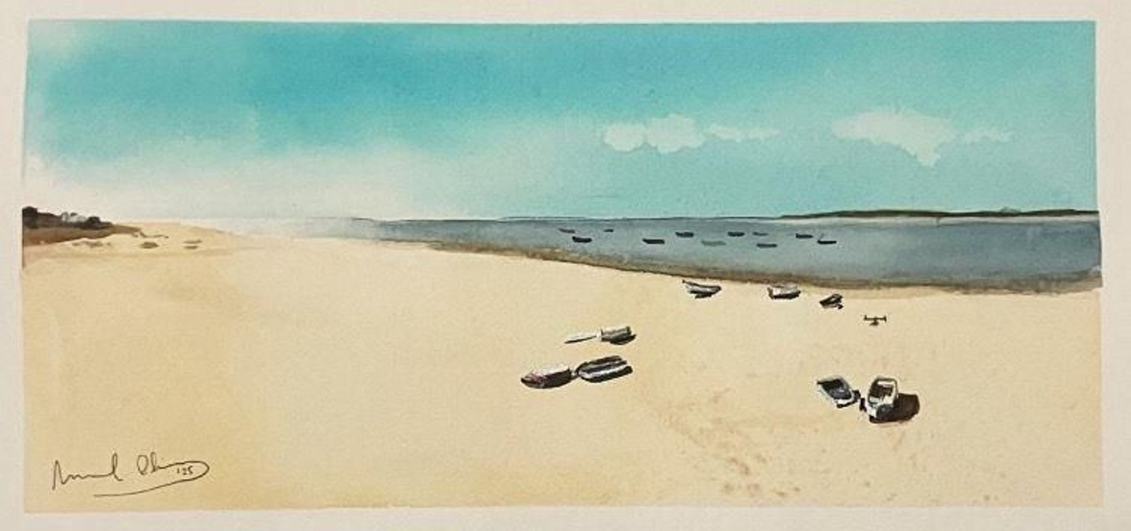 Pintura de la playa de La Jara expuesta en la Fábrica de hielo.