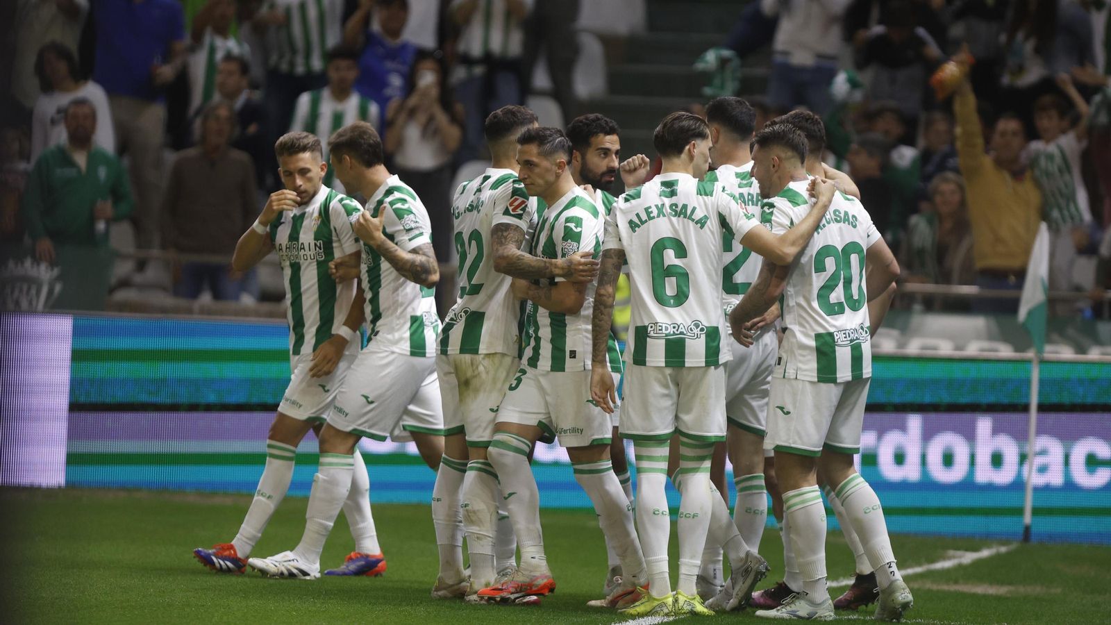 Los jugadores del Córdoba CF celebran el gol de Pedro Ortiz ante el Levante.