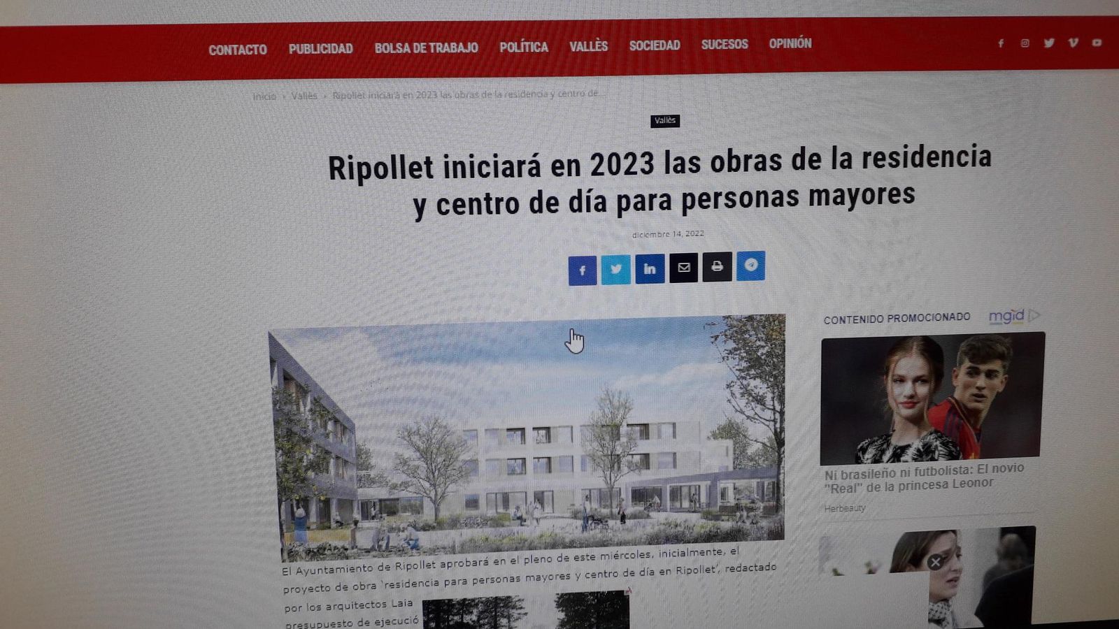 Captura de pantalla de Revista Digital del Valles anunciando en diciembre pasado la nueva residencia de mayores de Ripollet.
