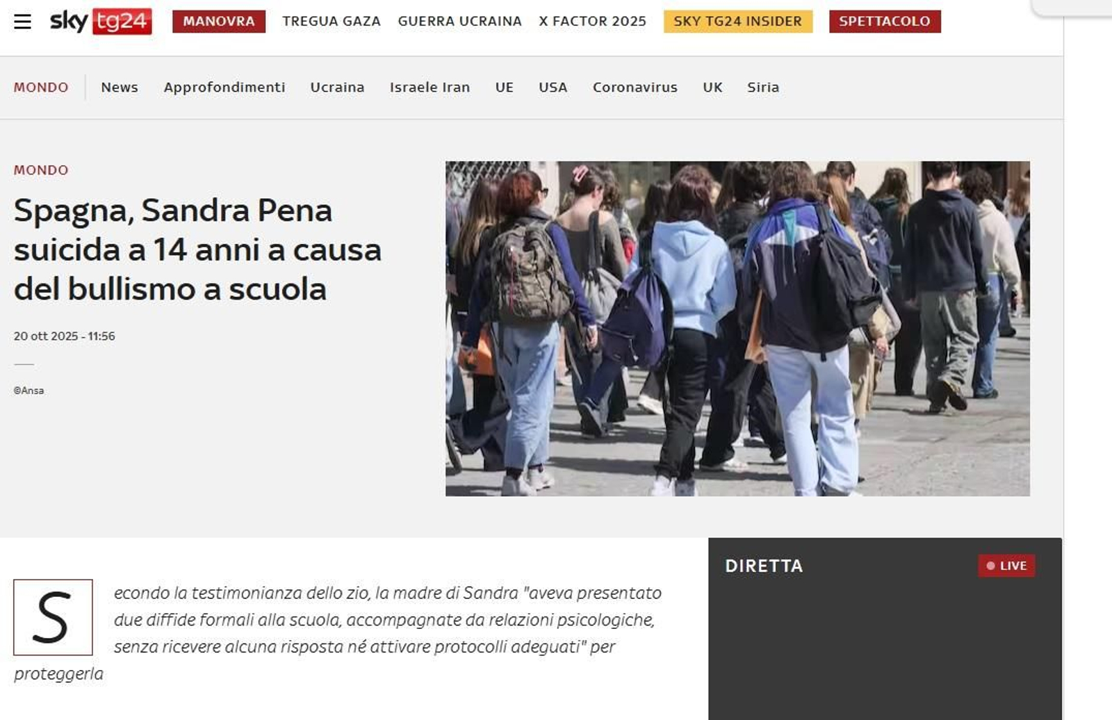 El caso de Sandra Peña en el portal Sky tg24.