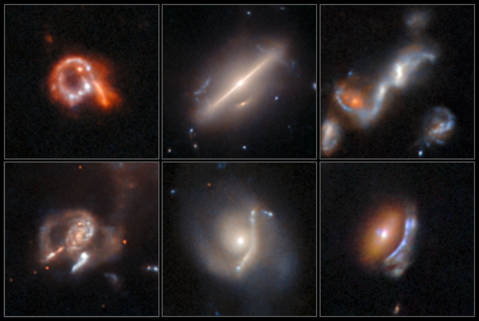 Seis objetos astronómicos capturados por el Hubble y ahora descubiertos por investigadores de la ESA gracias a la inteligencia artificial.