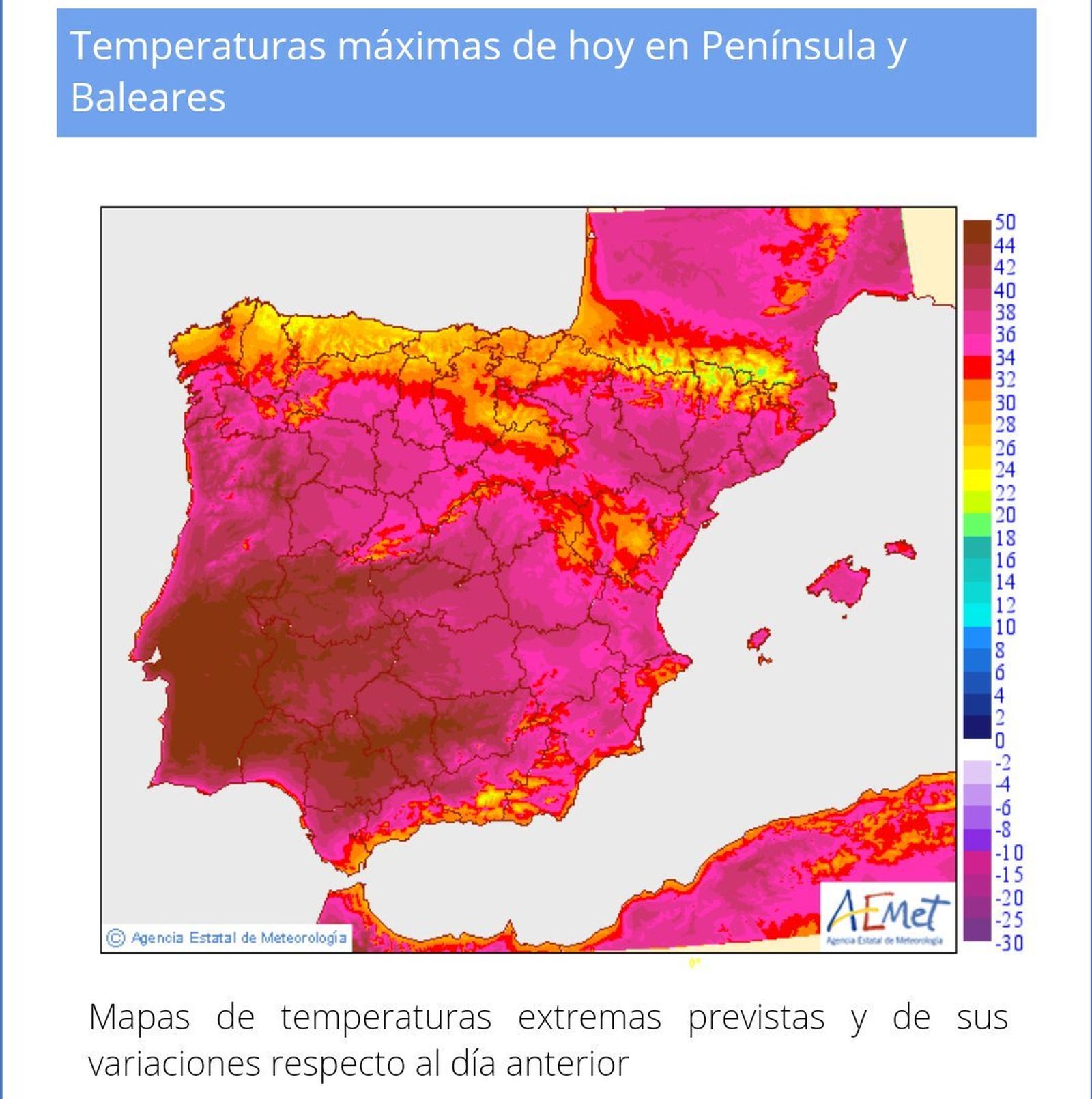 El mapa de temperaturas previsto para este sábado.