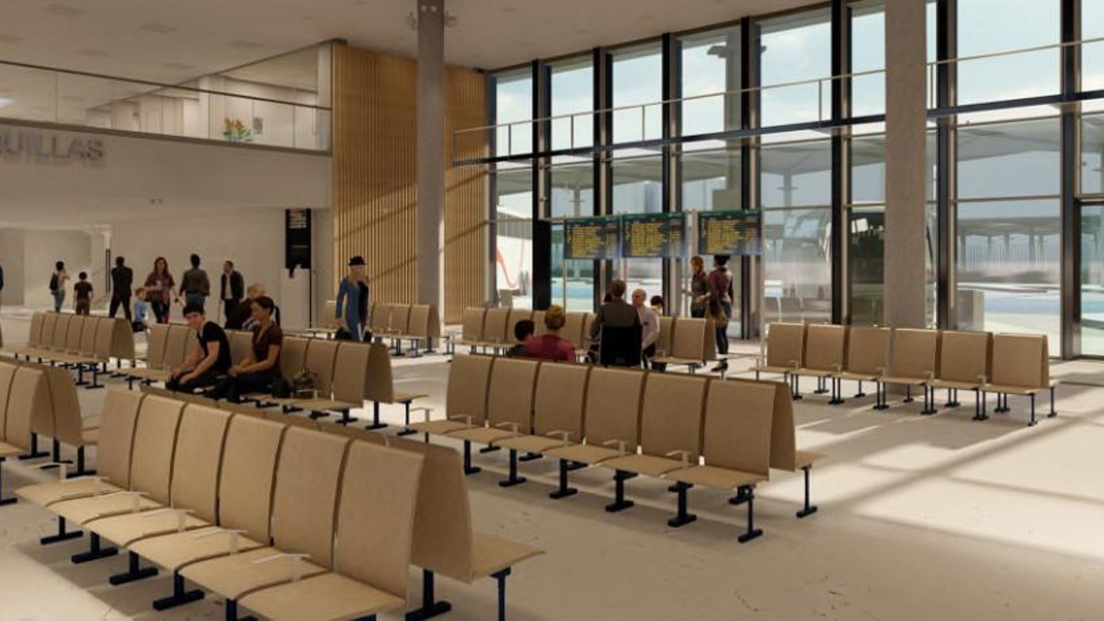 Imagen 3D del vestíbulo, con techos de entre 4 y 6 metros de alto, en esta propuesta de grandes ventanales que permitirá ver las dársenas y andenes desde la zona de espera.