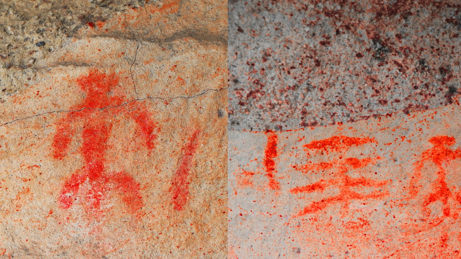 A la izquierda, figura central del abrigo de los Machos. A la derecha, detalle de asociación arboriforme-antropomorfo