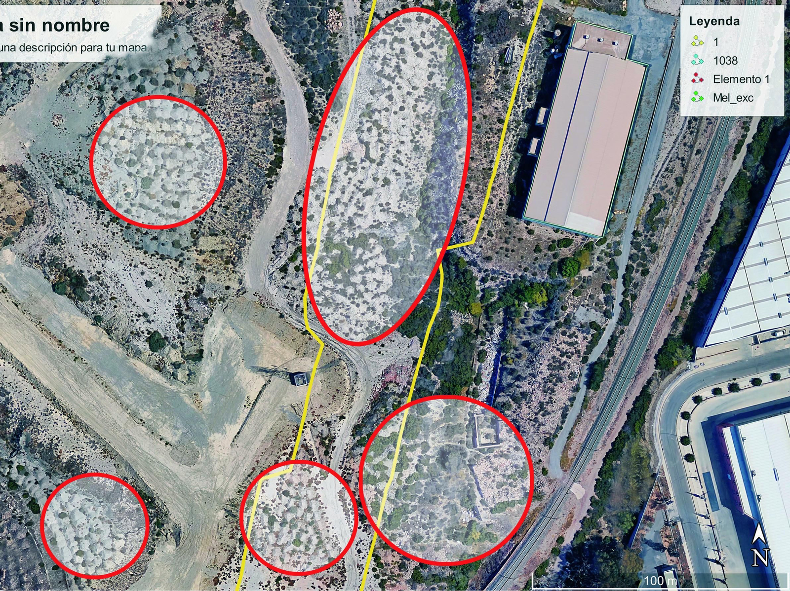 Los espacios rodeados en rojo son vertidos de escombros. Las líneas amarillas corresponden a la zona de actuación del tramo de las obras para la llegada del AVE Puche-Andarax