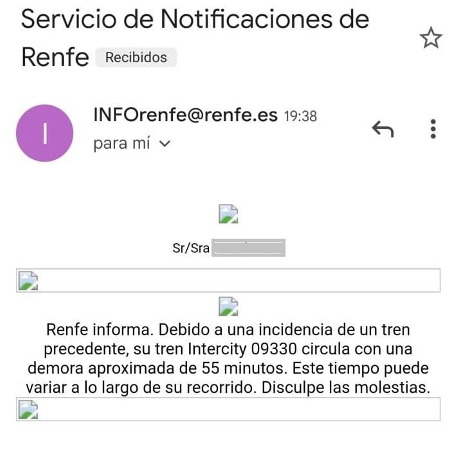 Mensaje enviado a los viajeros.