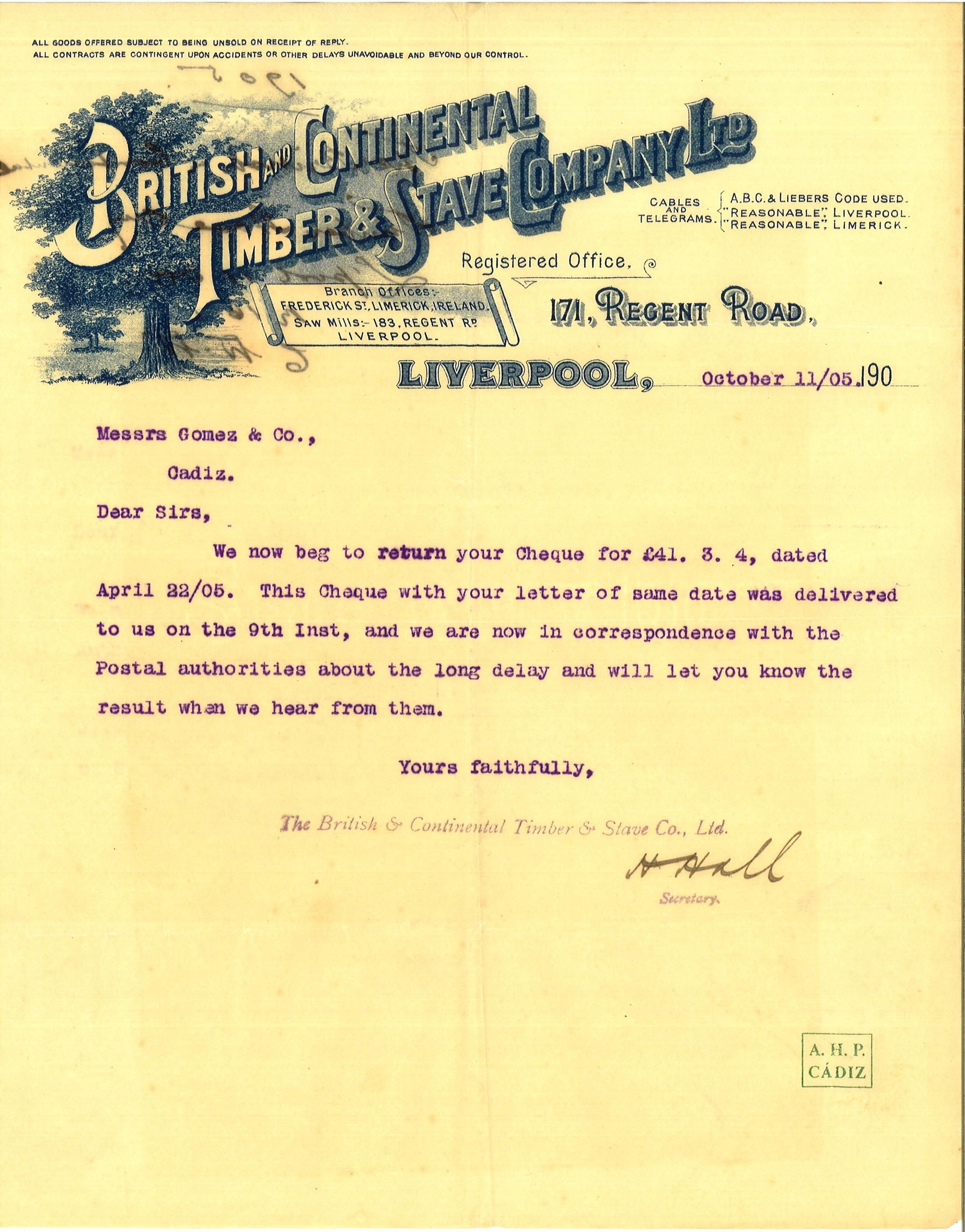 Correspondencia comercial de una empresa británica con la gaditana Gómez.