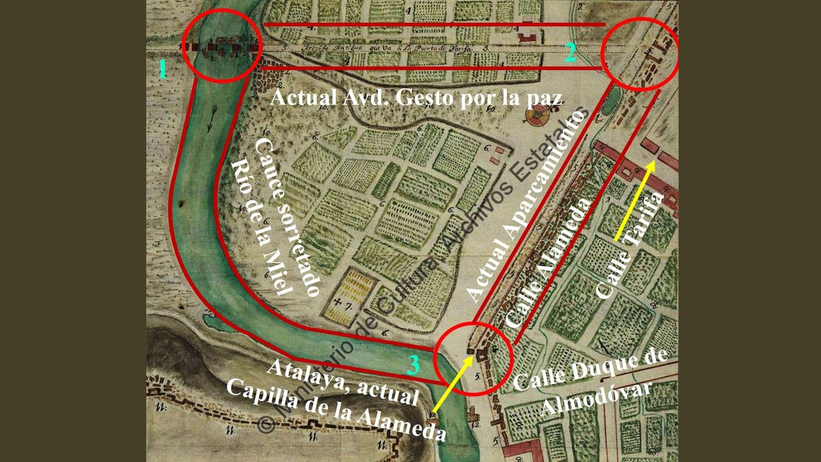 Plano del Realejo, posterior huerta del ancla, con sus límites en el triángulo formado por tres vértices: 1) Puente, 2) puerta de Tarifa, posterior Hospital de la Caridad 3) Atalaya, actual Capilla de la Alameda.
