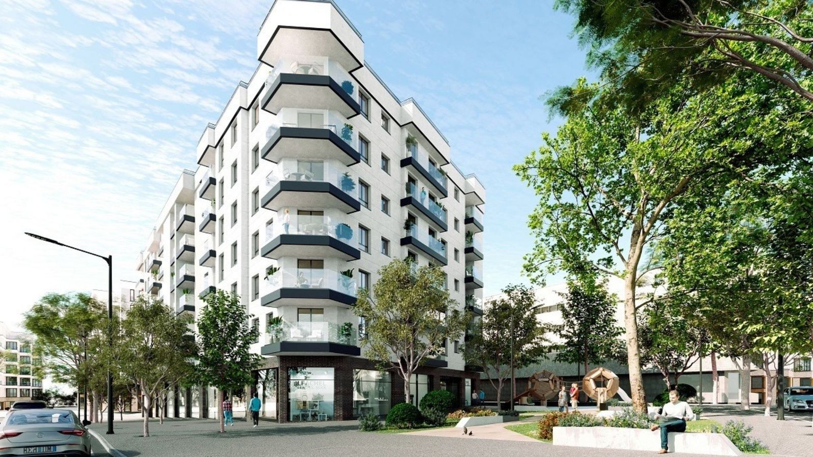 Recreación exterior del edificio Puntal del Parque, proyectado en la avenida Capitán Ontañón, junto al parque María Cristina, en el centro de Algeciras.