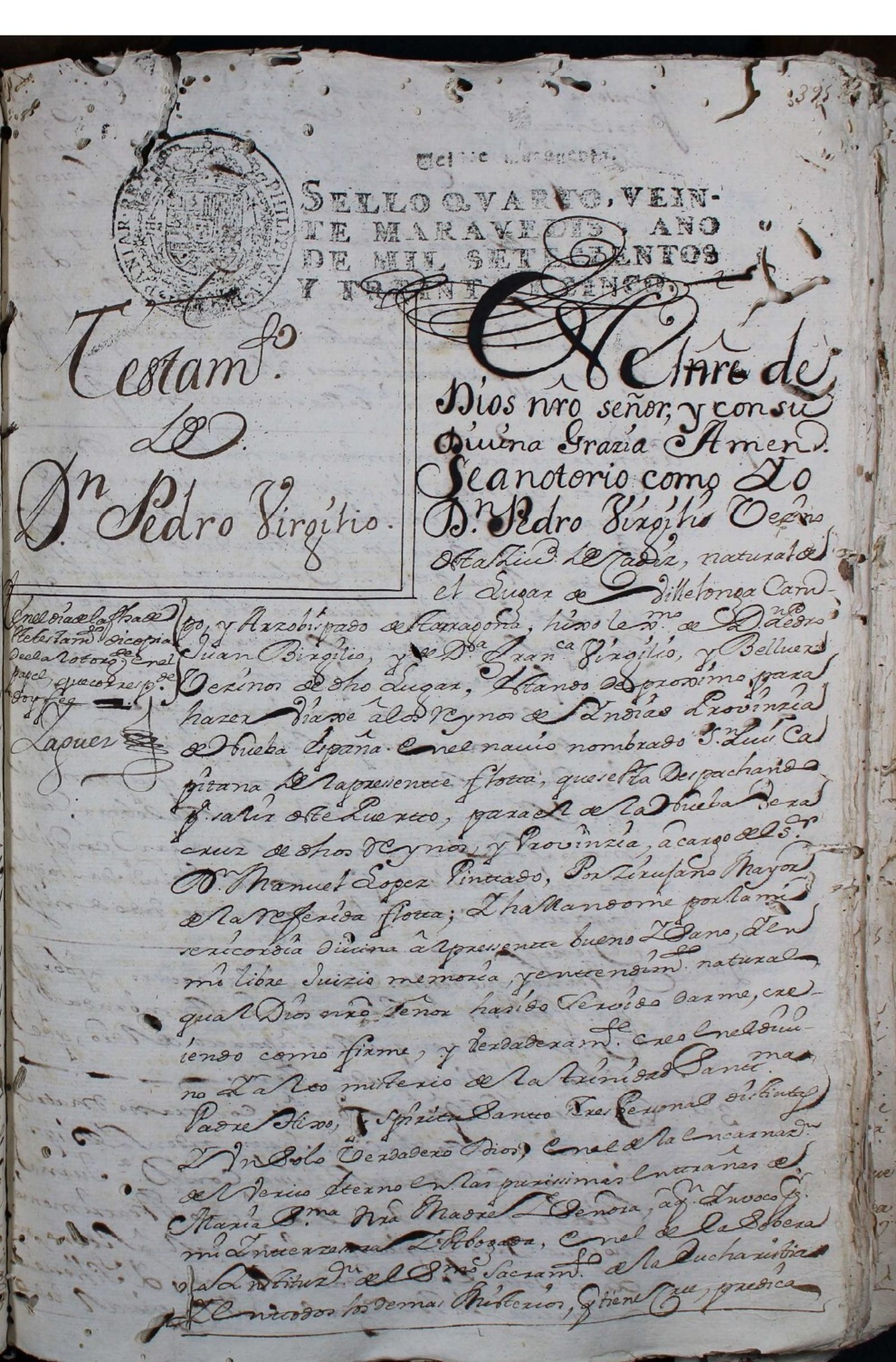 Testamento de Pedo Virgili, con referencias a un esclavo negro.