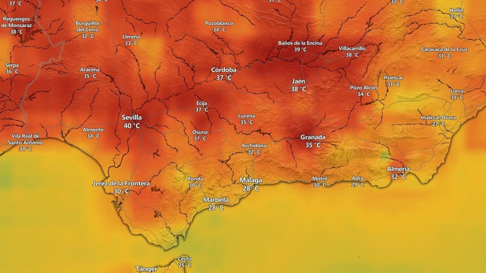 Mapa del temperaturas a las 17:00 de este viernes.