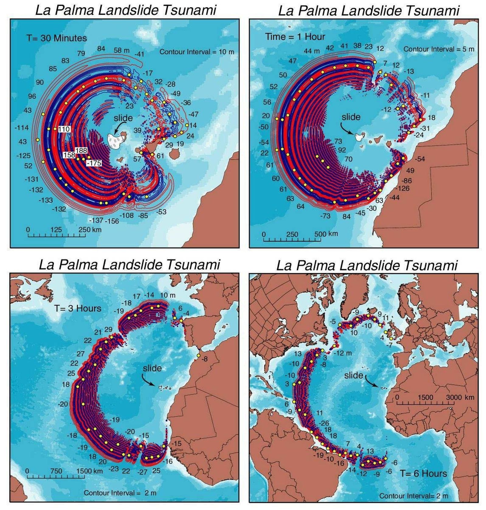Efecto gradual del desplazamiento de la ola con origen en el volcán de Cumbre Vieja, en la isla canaria de La Palma.