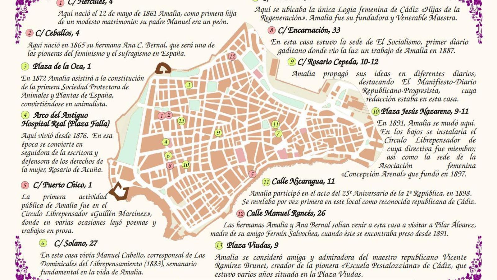 Mapa del recorrido de la ruta de Amalia Carvia en Cádiz