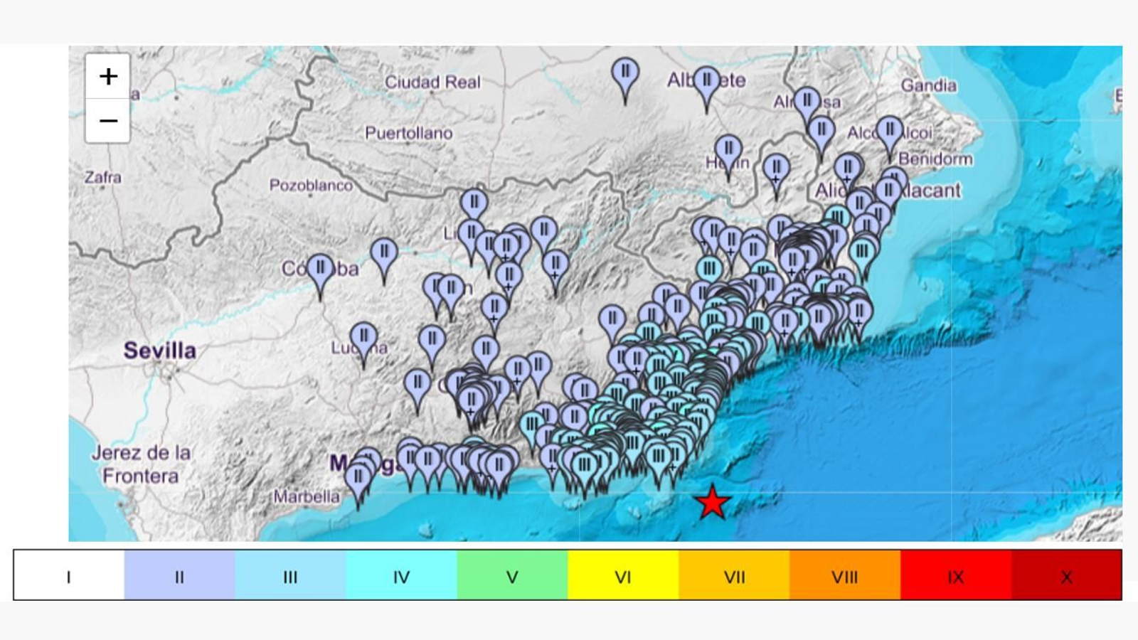Mapa de intensidades percibidas del terremoto de este lunes 14 de julio.