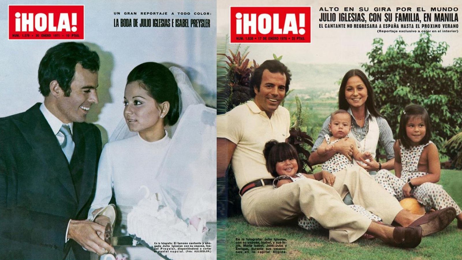 Dos portadas de '¡Hola!' de la pareja: la del enlace y con sus tres hijos.