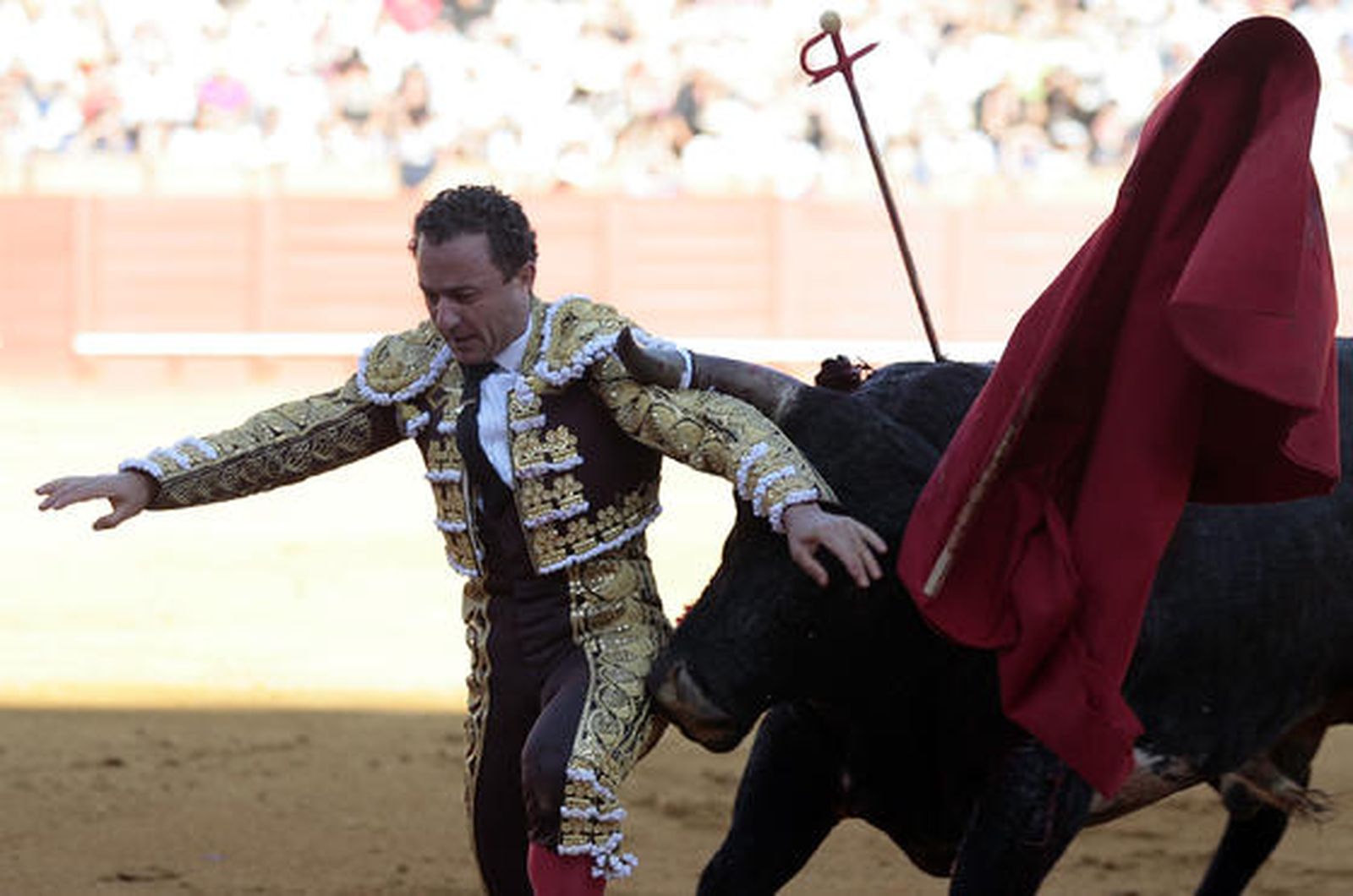Rafaelillo, cogido por el segundo toro en la suerte suprema.

Foto: Juan Carlos Muñoz