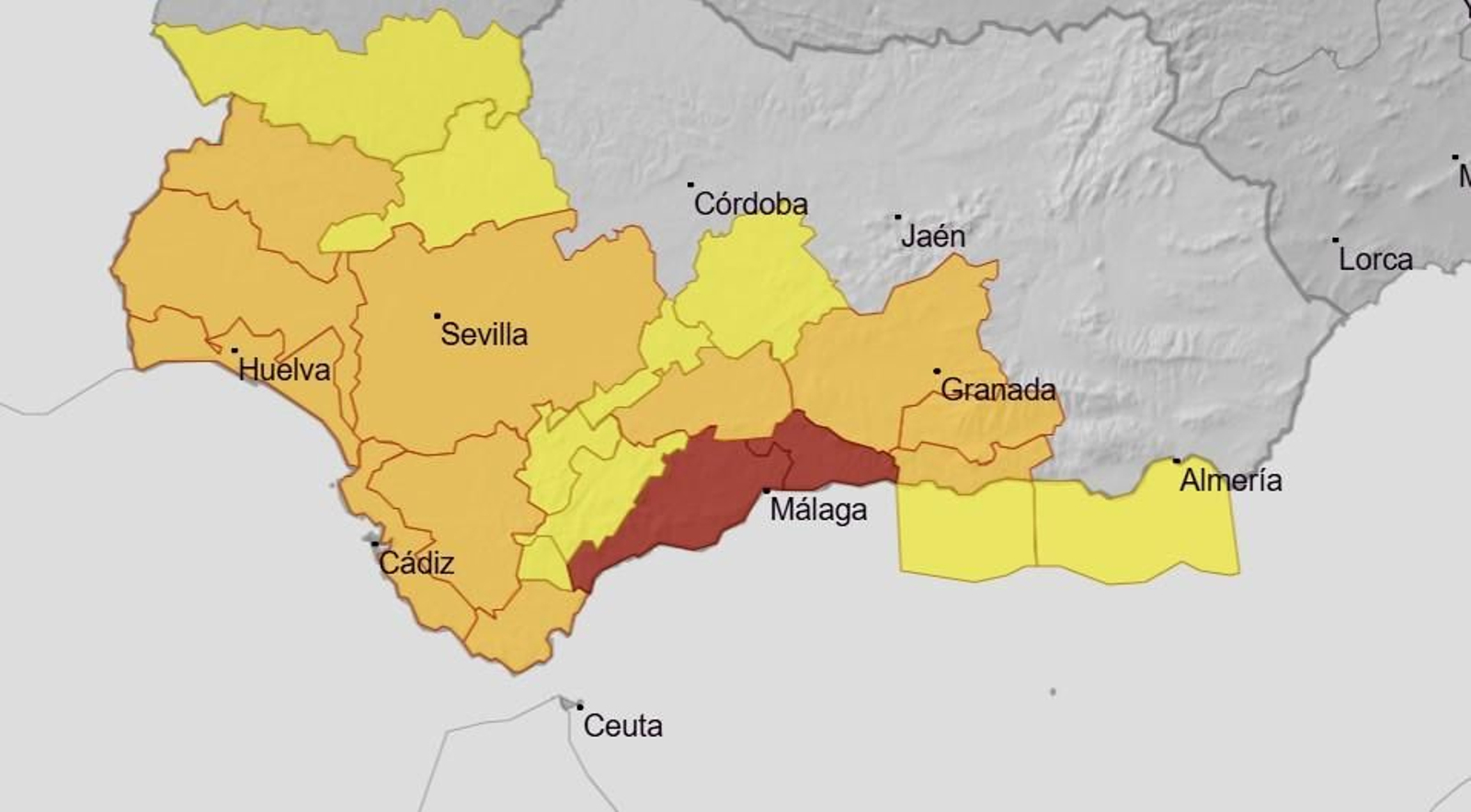 Mapa de avisos de la Aemet para este jueves.