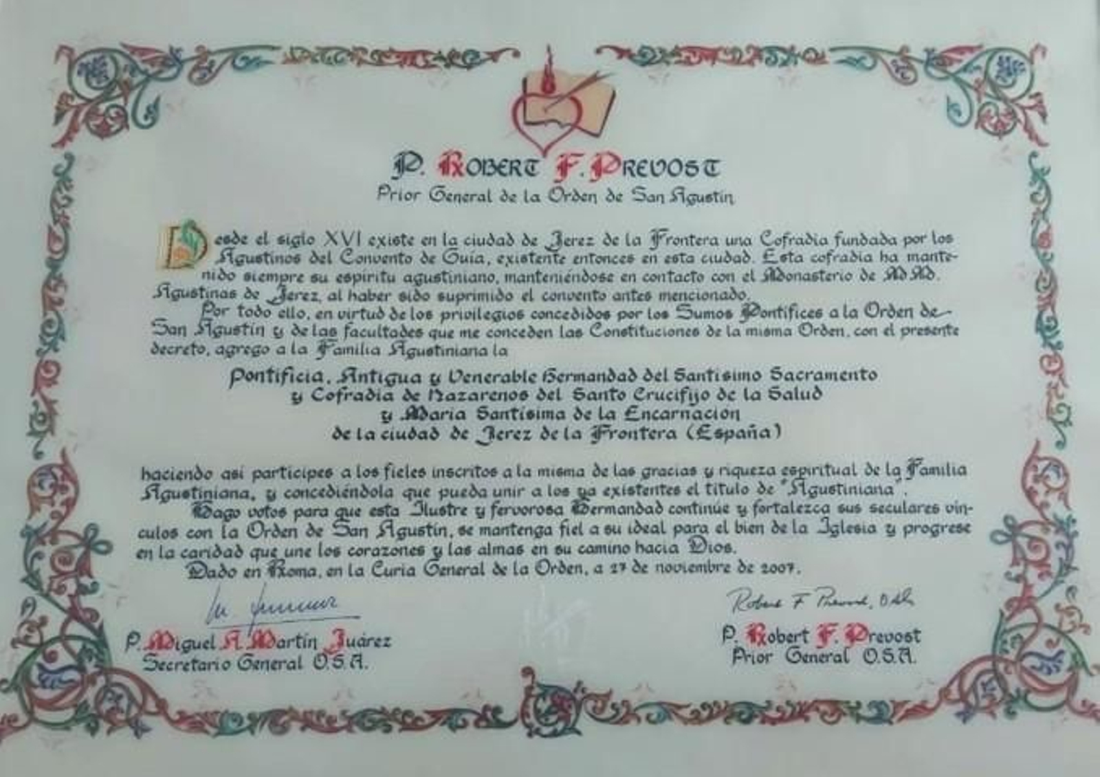 El documento firmado por el entonces prior general de la Orden de San Agustín y ahora Papa León XIV