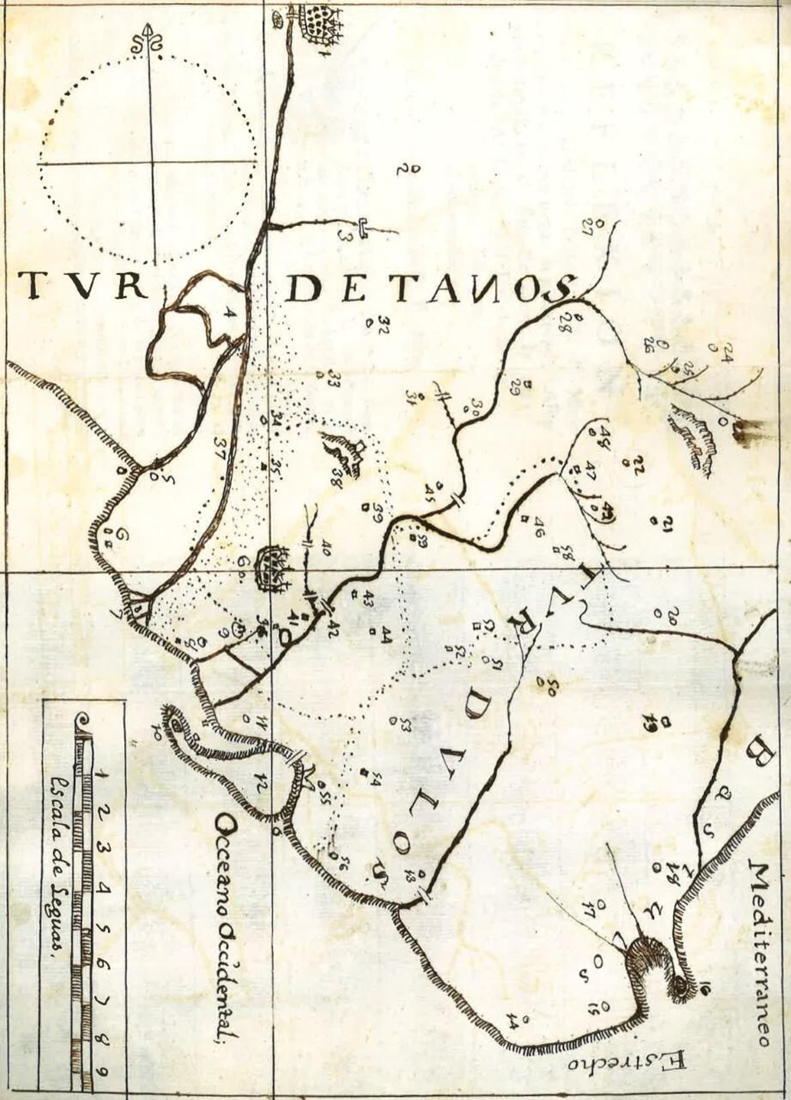 Mapa de la Turdetania (por Bartolomé Gutiérrez, siglo XVIII: conservado en el Archivo del Obispado de Asidonia-Jerez).
