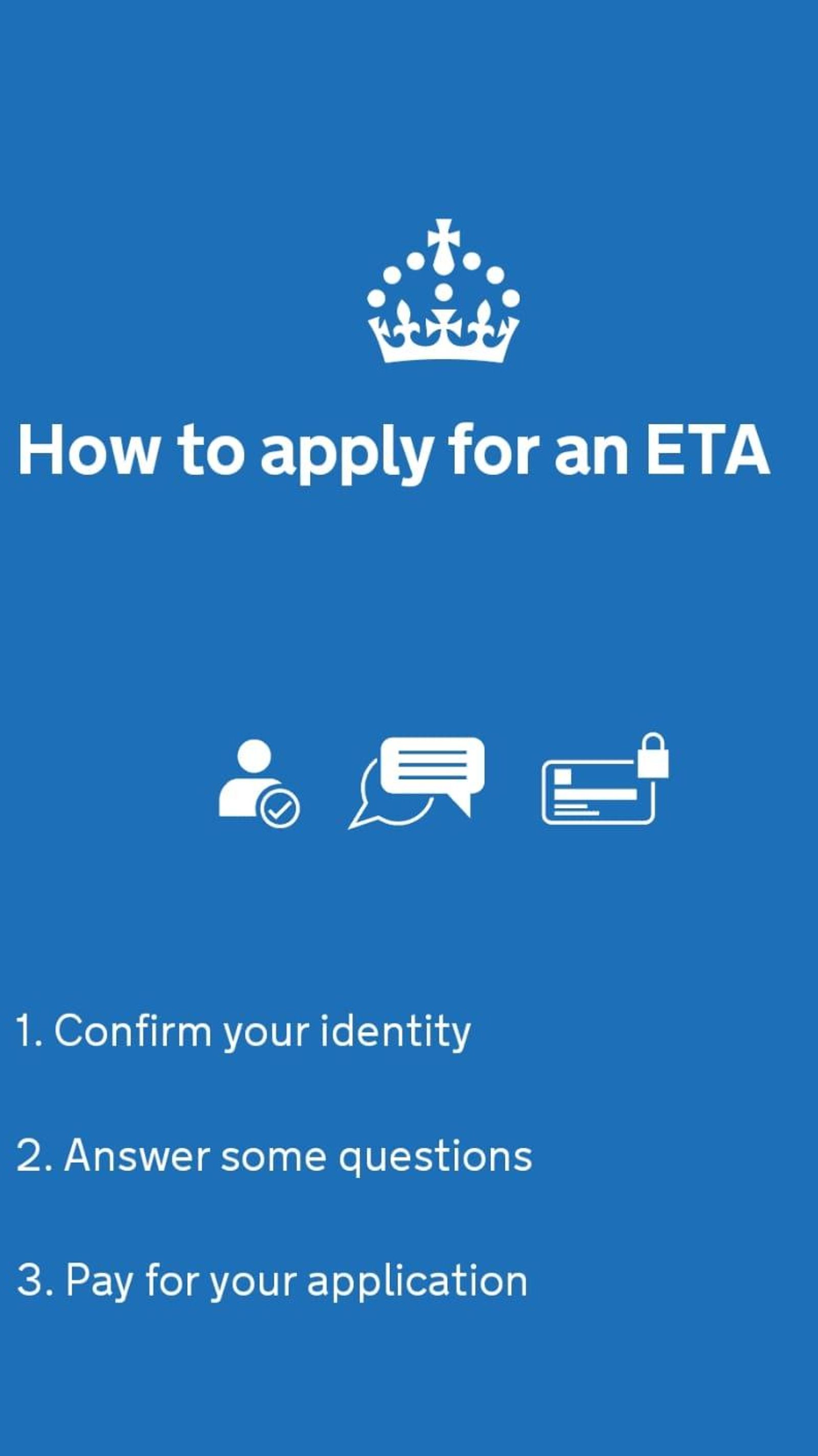 Pantalla de inicio de la aplicación para pedir el permiso para viajar a Reino Unido.