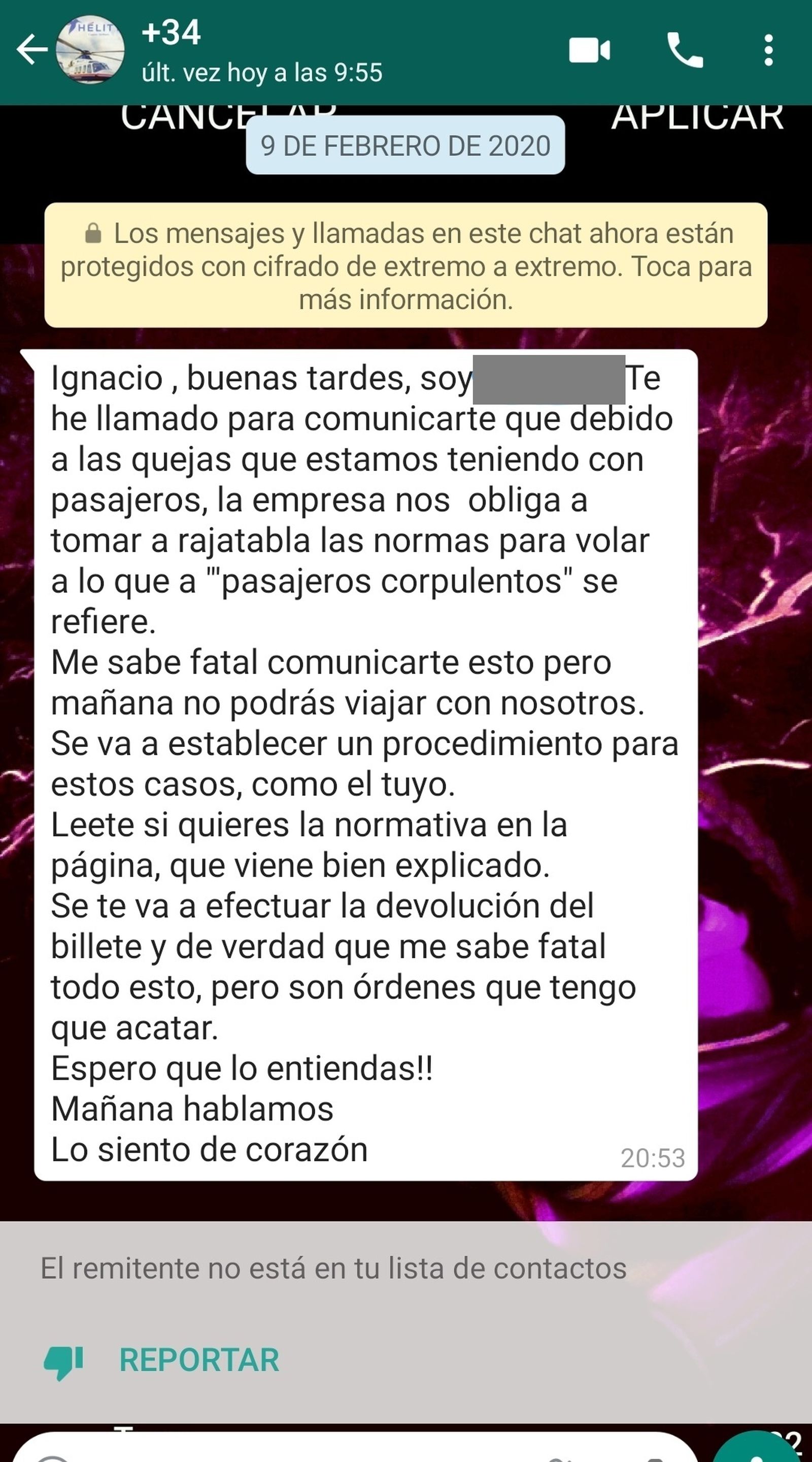 Captura del mensaje recibido por el usuario de la compañía.