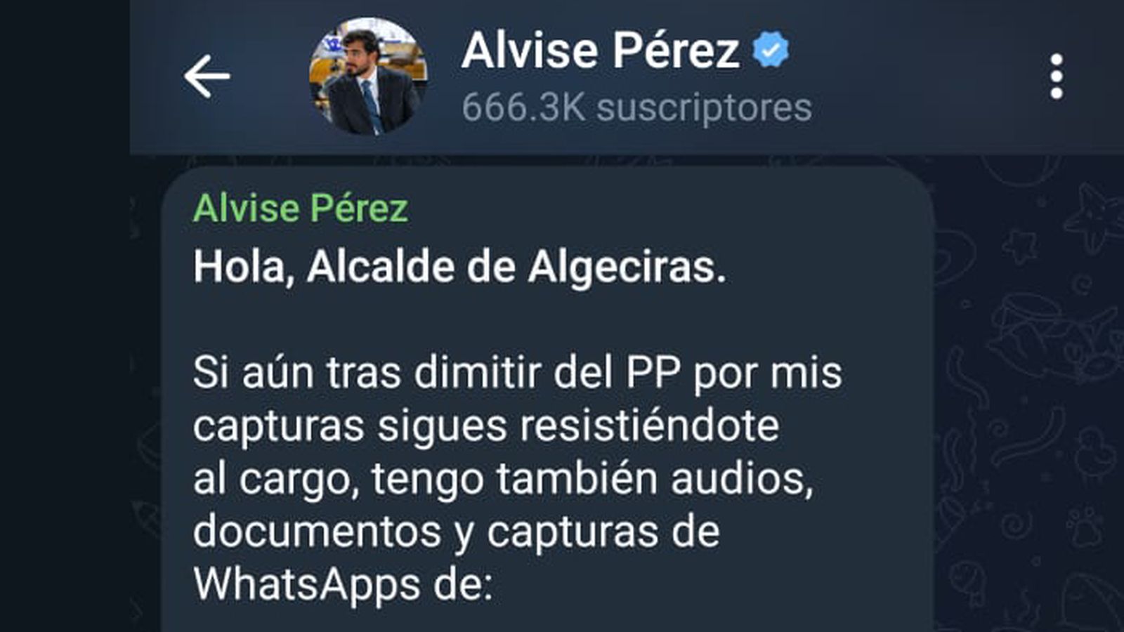 El encabezamiento del mensaje de Alvise Pérez dirigido a Landaluce.