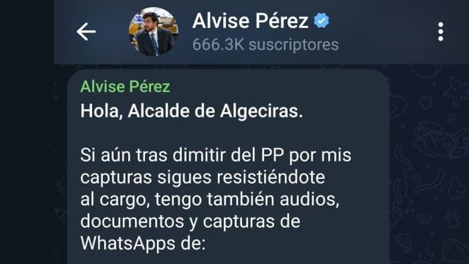 El encabezamiento del mensaje de Alvise Pérez dirigido a Landaluce.