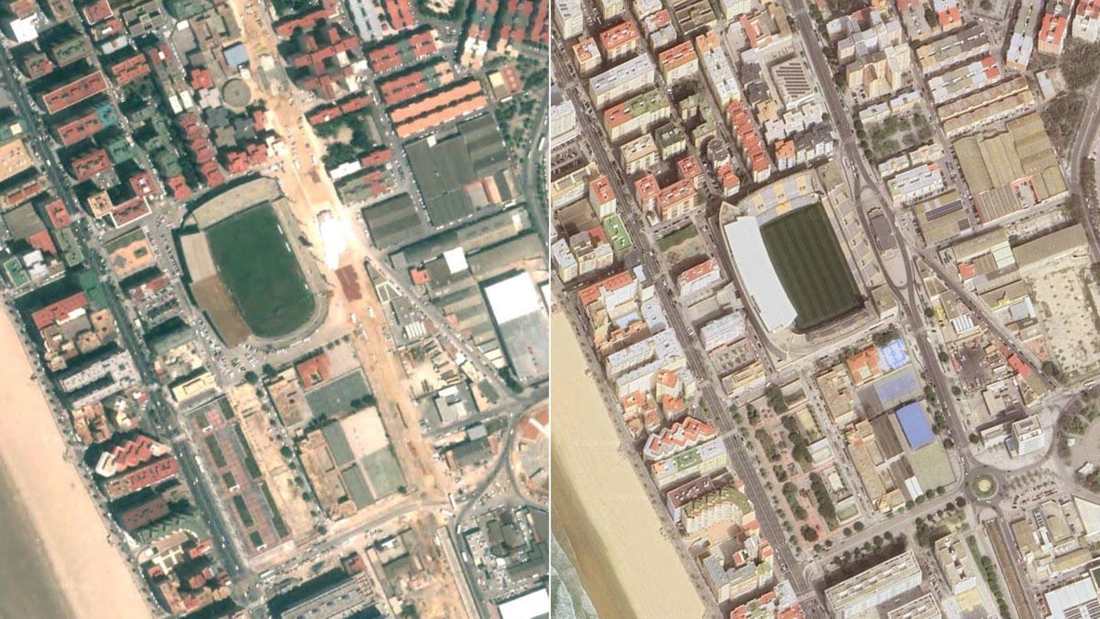 El estadio del Cádiz CF, en 2002 y 2024.
