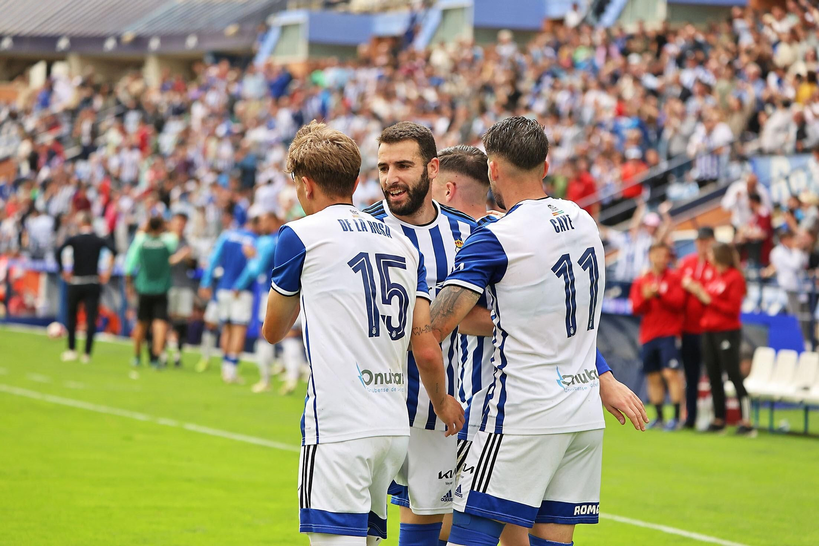 Los jugadores del Recre celebran un gol en el Nuevo Colombino.