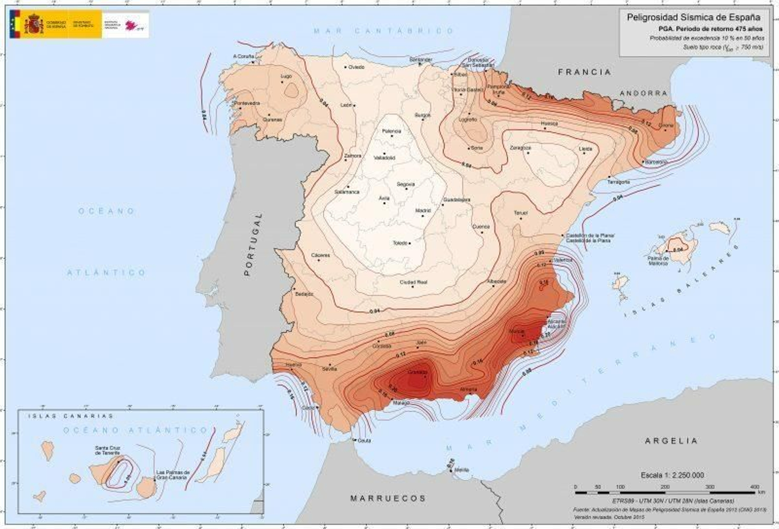Mapa de peligrosidad sísmica de Huelva.